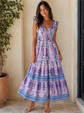Caroline Constas Tiered Romantic Floral Ruffled Shoulder Ruched Waist Maxi Dress